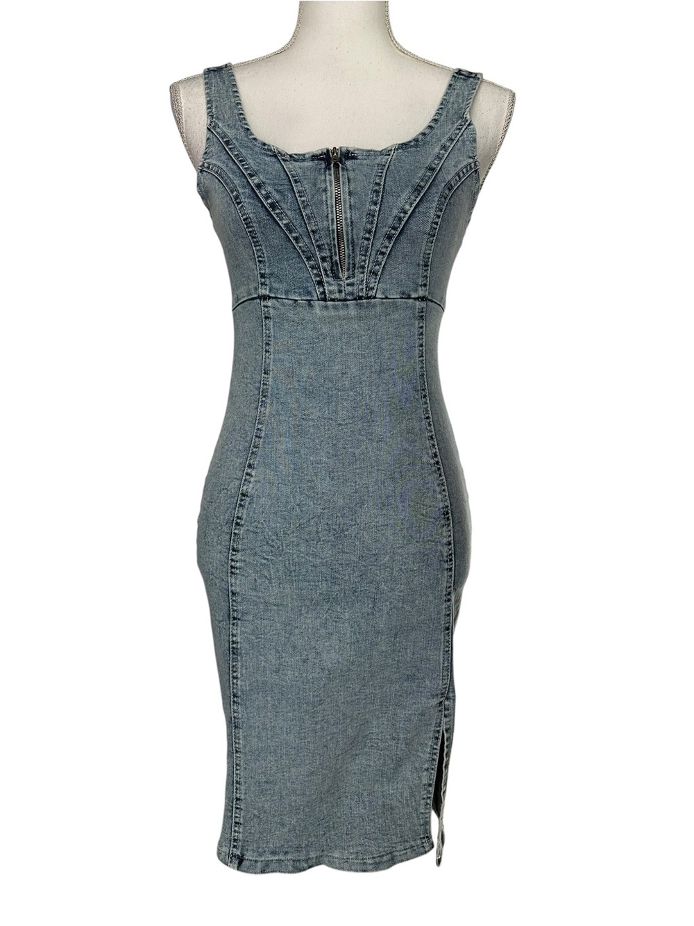 Vintage Denim Dress / Stretchy Bodycon / Adjustable Straps / Small / Retro 90’s